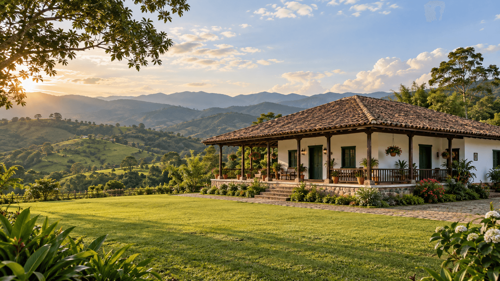 Imagen de ambientación de una finca tradicional antioqueña, con corredor y teja de barro